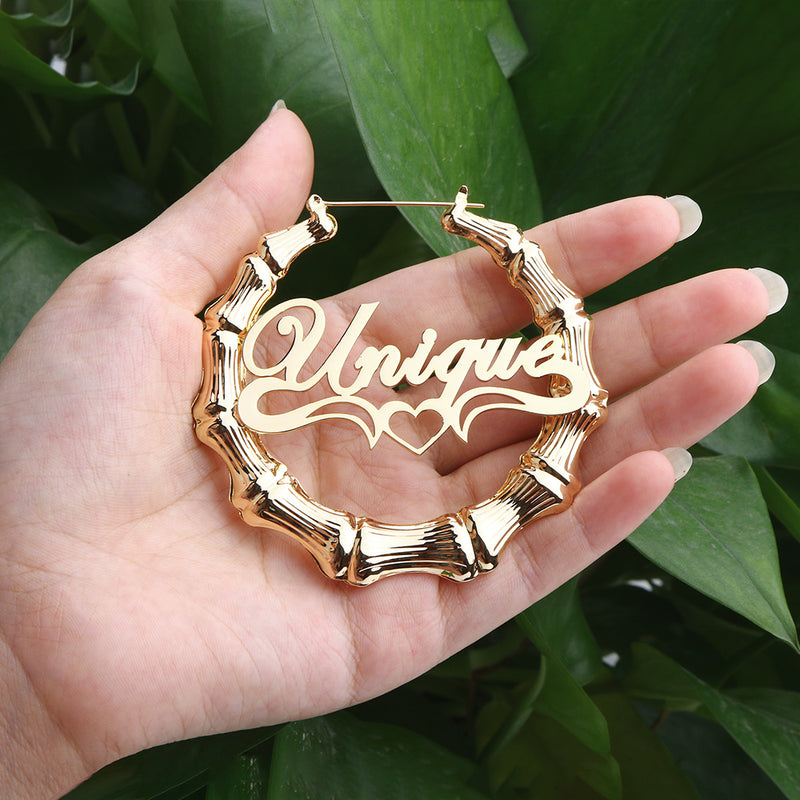 Round Bamboo Personalized Name Earrings